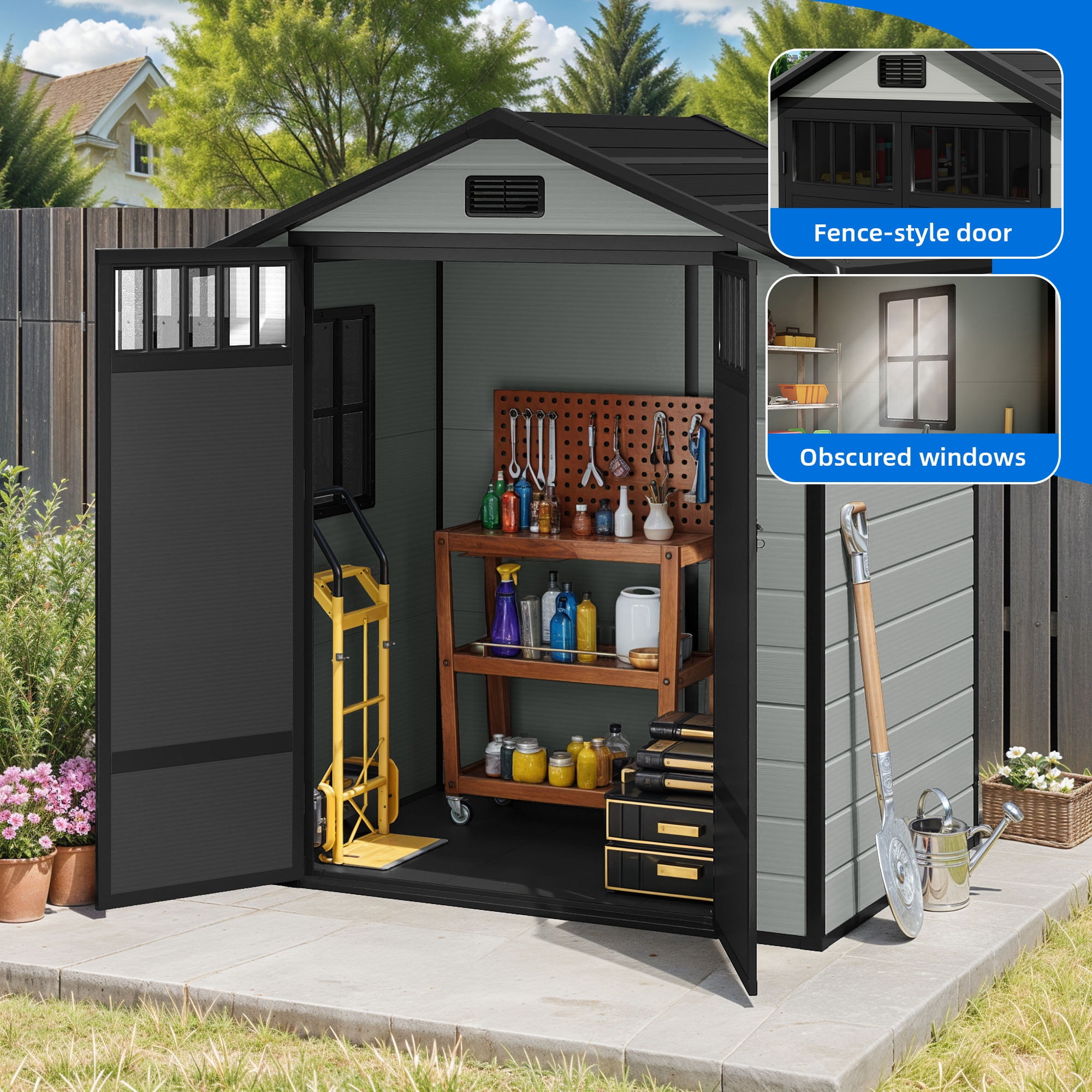 Uforic 6x4.4 FT Outdoor Storage Shed with Floor and Window, Large Storage Shed with Lockable Door, and Vents, Blue Gray