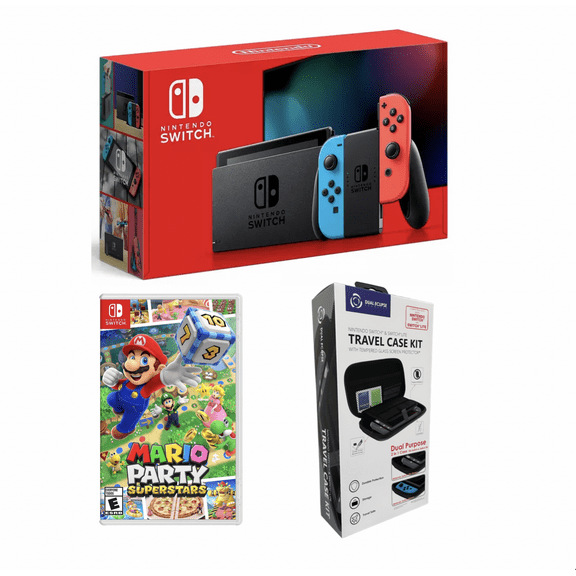 Nintendo Switch Neon Blue and Red Bundle with Mario Party Superstars Travel Case Kit (import with US Plug)
