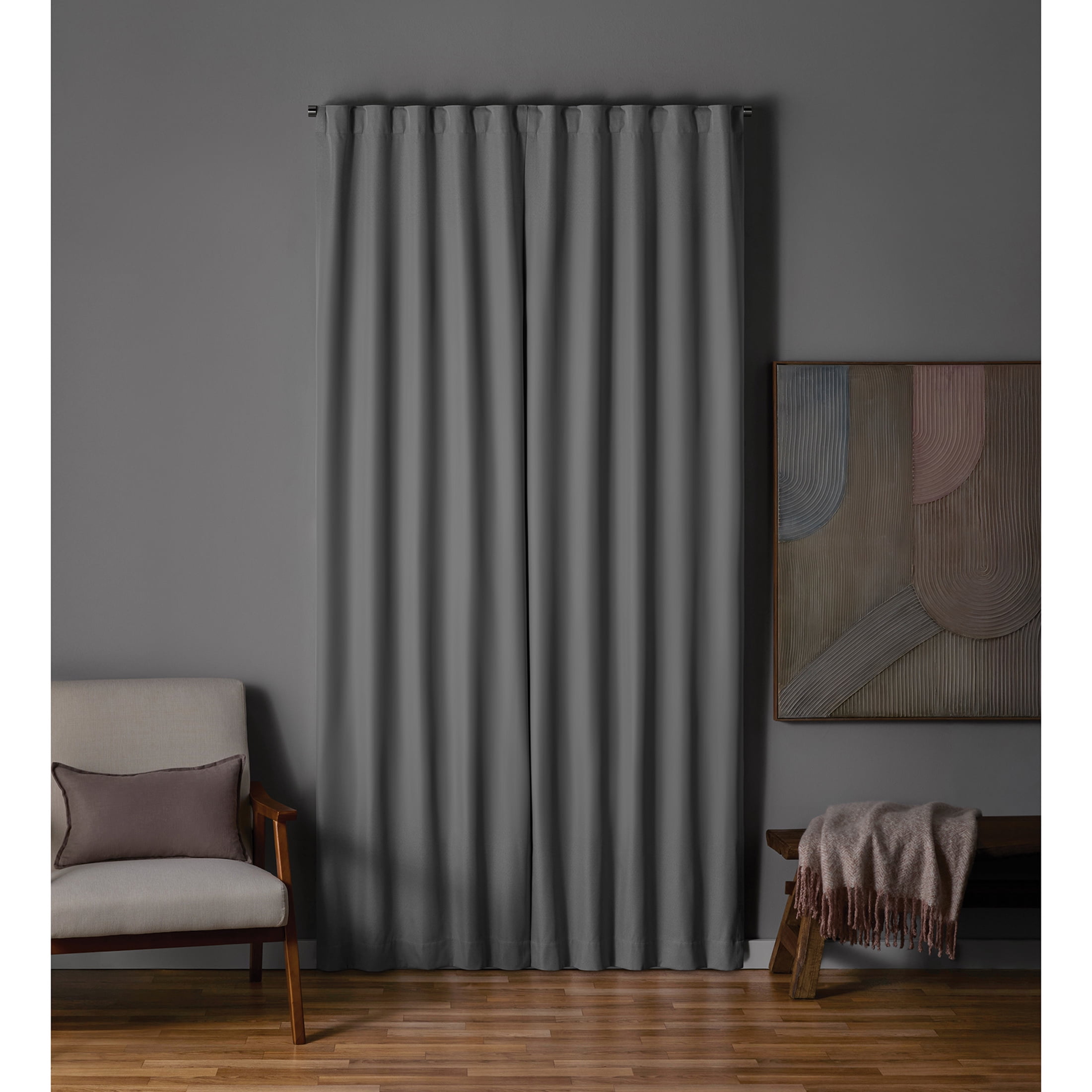 Mainstays Gray Solid Blackout Rod Pocket with Back Tabs Curtain Panel Pair, Set of 2, 30" W x 95" L