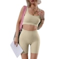 thumbnail image 2 of GILIGEGE Two Piece Workout Sets for Women Ribbed Tank Crop Tops Seamless High Waist Booty Biker Shorts Athletic 2 Piece Summer Outfits Seamless Yoga Outfits Lounge Matching Gym Clothing Set Beige, 2 of 7