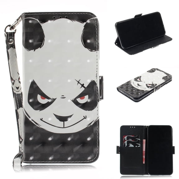 iPhone XR Case, iPhone XR 2018 Case, Allytech 3D PU Leather Protective Cover & Pocket Lanyard Wallet with Cards Holder, Support Kickstand Slim Case for Apple iPhone XR （6.1"）, Angry Panda