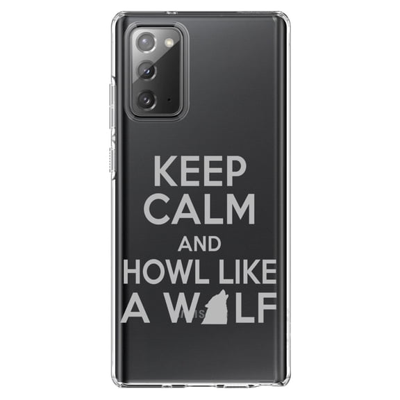 DistinctInk Clear Shockproof Hybrid Case for Samsung Galaxy Note 20 (6.7" Screen) - TPU Bumper Acrylic Back Tempered Glass Screen Protector - Keep Calm Howl Like a Wolf