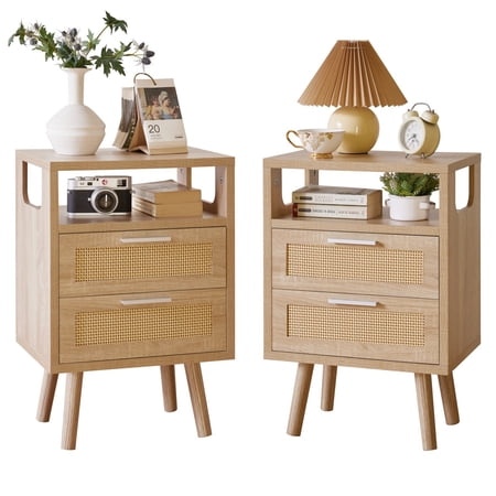 Set of 2 Nightstands with 2 Drawers Modern Bedside Table with Metal Handles Natural Wooden End Table Storage Cabinet for Bedroom Living Room