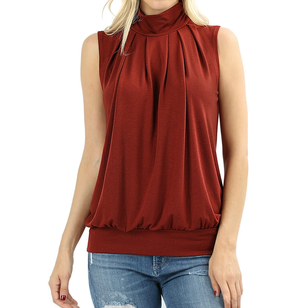 Zenana - Women & Plus Sleeveless Mock-TurtleNeck Pleated Top with ...