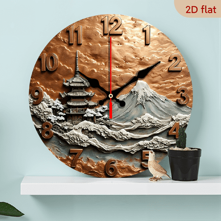 2D Flat, 1pc 10Inch Minimalist Wall Clock with Artistic Japanese Pagoda Mountain Design, Silent Movement, Easy to Install, AA Battery Operated, Wooden Wall Clock for Home, Office, Bedroom Decor, C
