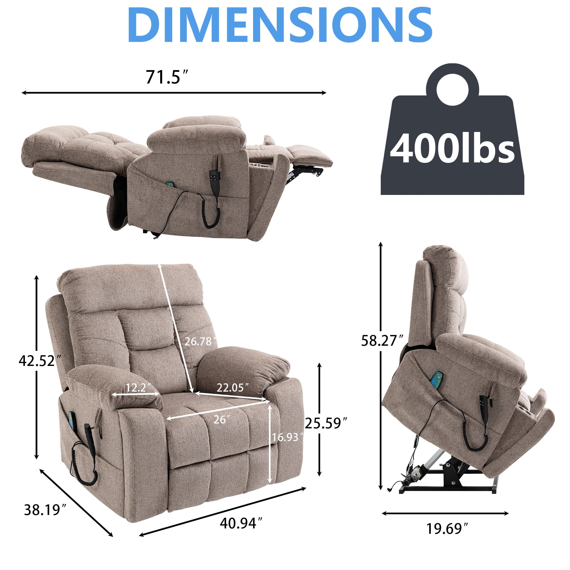 Oversized Power Lift Recliner Chair with Massage and Heat for Elderly, UHOMEPRO Large Wide Seat Recliners for Big and Tall, Safety Motion Reclining Mechanism with Hidden Cup Holder, Light Brown