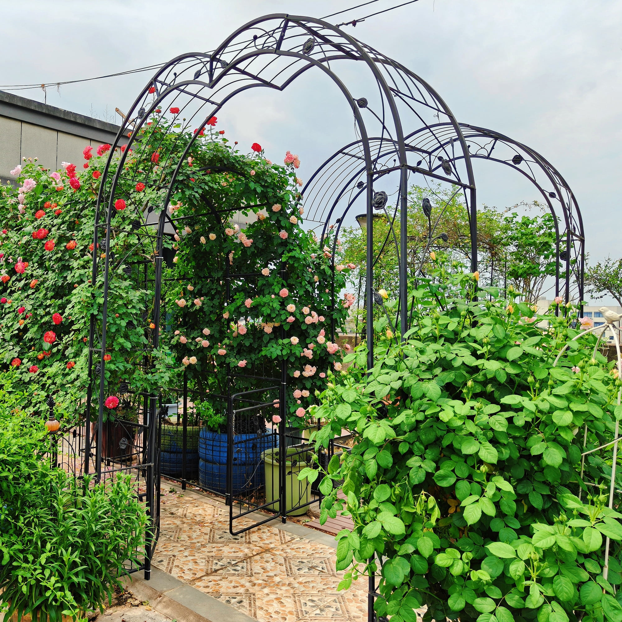 Garden Arch with 8 Styles Garden Arbor Trellis Climbing Plants Support Rose Arch Black