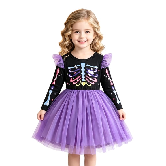 Halloween Dresses for Toddler Girls Colorful Skeleton Print Mesh Ruffles Long Sleeve Halloween Costumes For Toddler Girls Size 3-4T