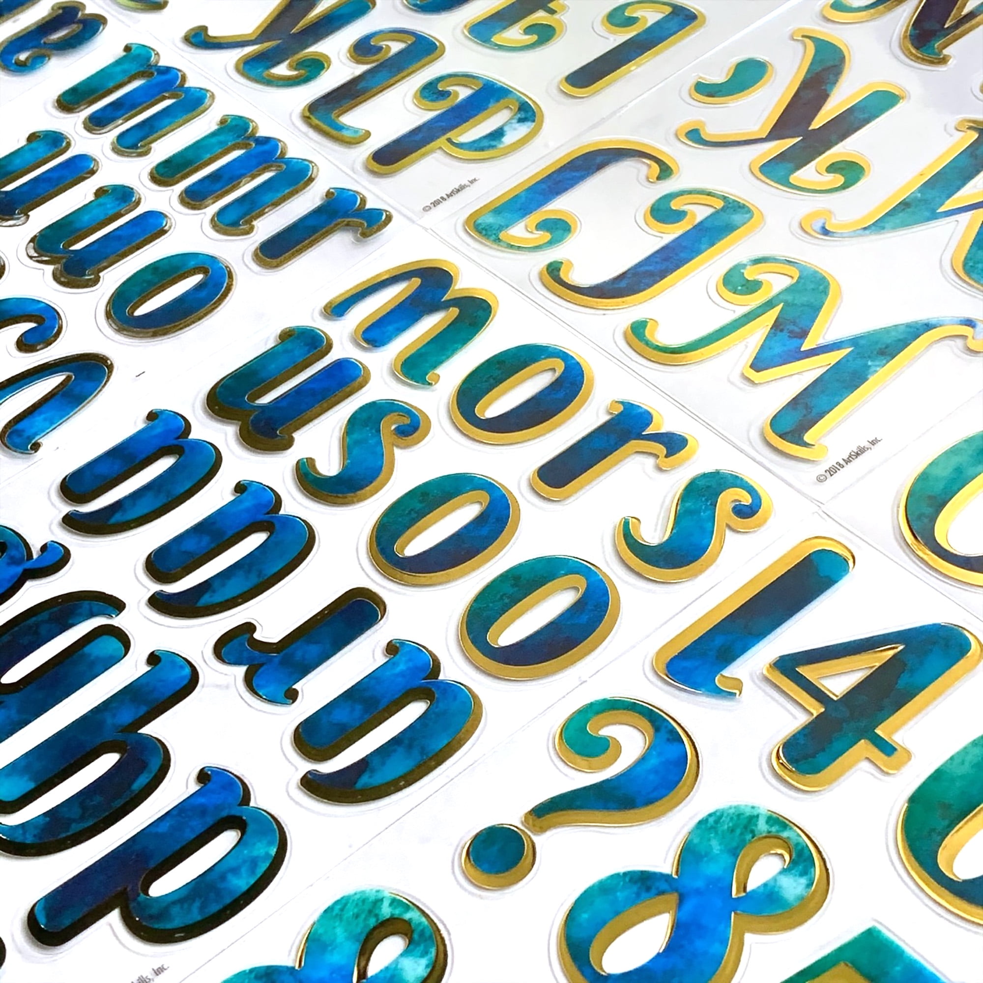 ArtSkills Letter and Number Alphabet Stickers, 1.5" and 1" Gold and Blue Watercolor, for Birthdays, School, 160 Pieces