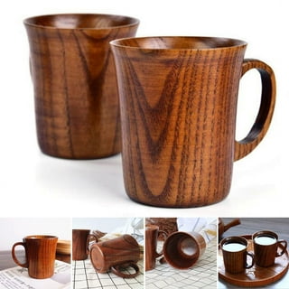 Natural Solid Wooden Tea Cup Set, Elegant Japanese Jujube-Wood Coffee Mug  Handcrafted Small Desk Cup With Handle (2 Pcs)