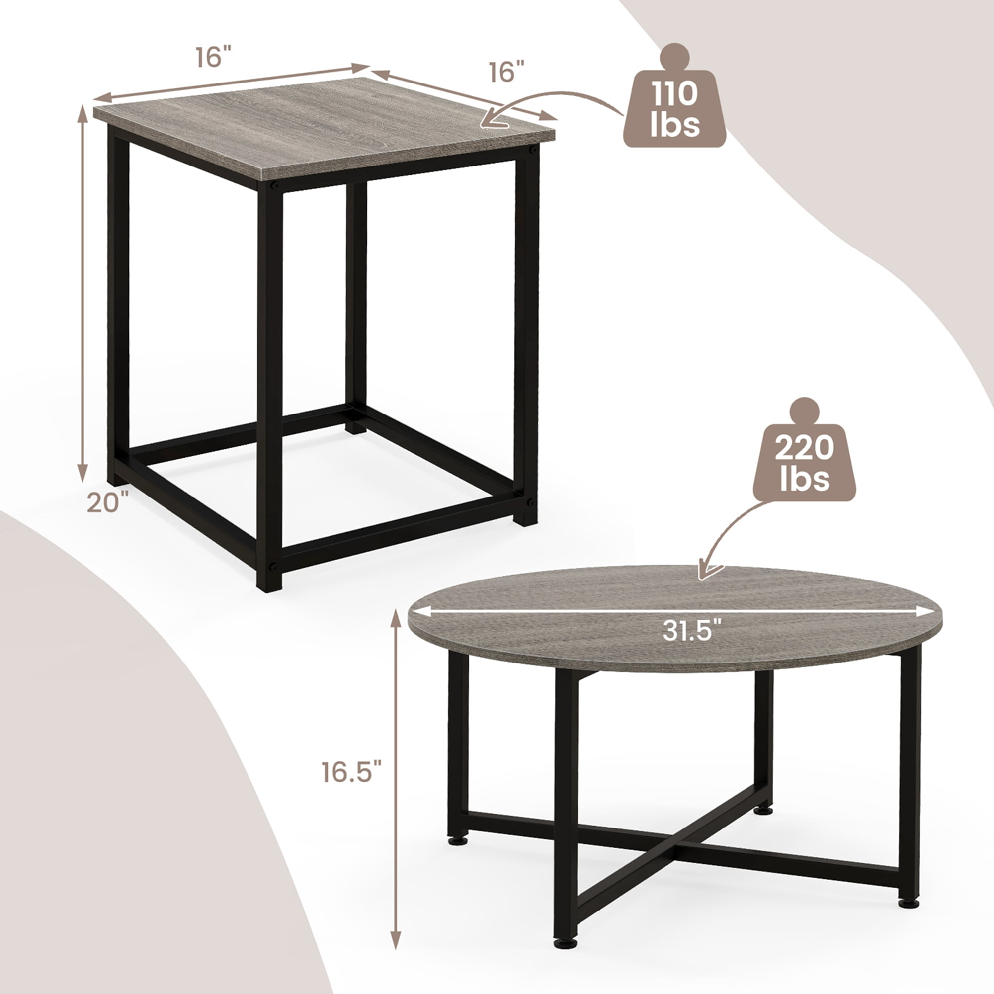 Costway 3 PCS Coffee Table Set Round Coffee Table and 2 PCS Square End Tables Metal Frame Gray