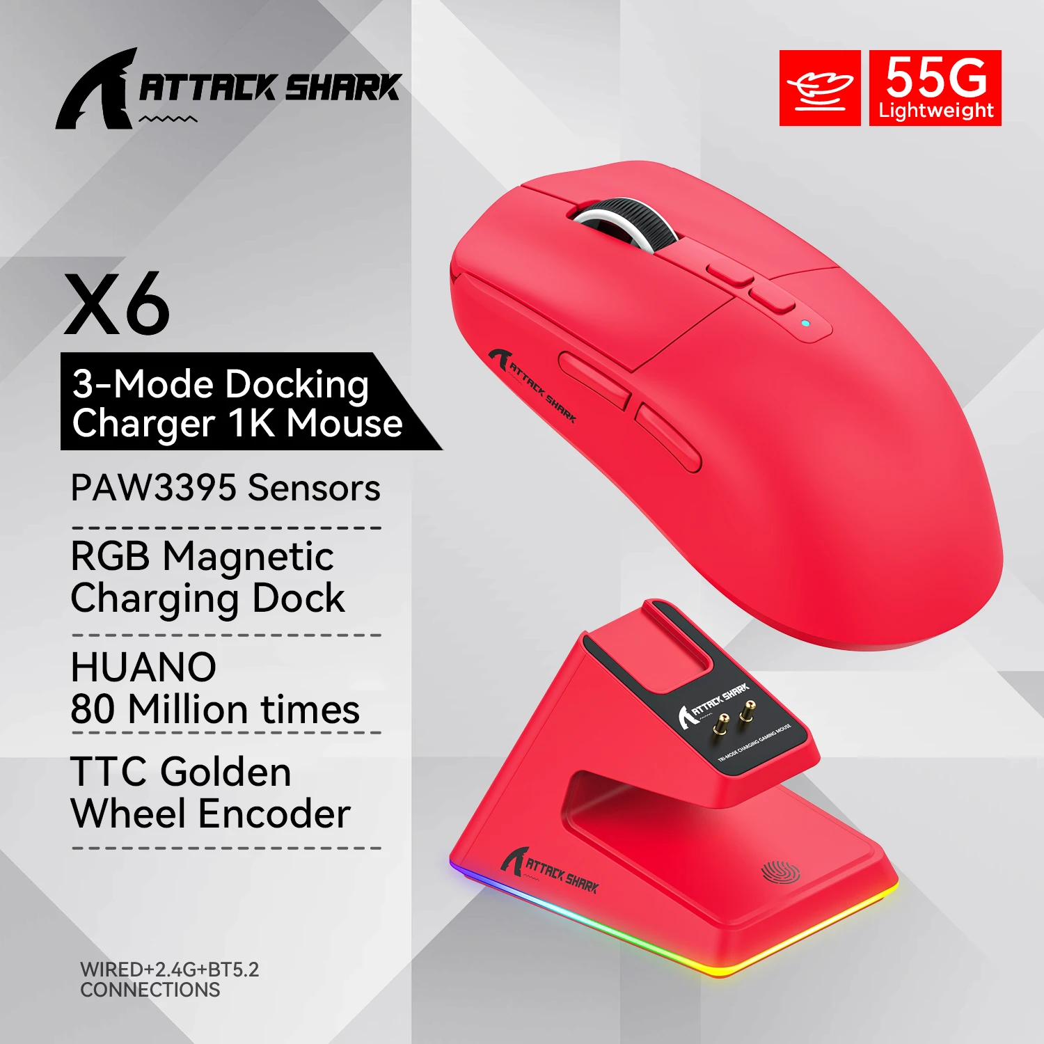 Attack Shark X6 PixArt PAW3395 Gaming Mouse, Bluetooth Tri-Mode Connection, RGB Touch Magnetic Charging Base