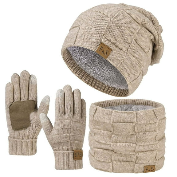 WJHWSX 3PC Unisex Winter Warm Gloves Set,Touch Screen Gloves for Women Men,Thermal,Warm,Knitted,Solid,Wool,Beige,Free Size