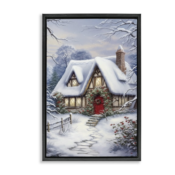 Stupell Industries Niveous Winter Cottage Holiday Painting Black Floater Framed Canvas Art Print Wall Art, 17 x 25