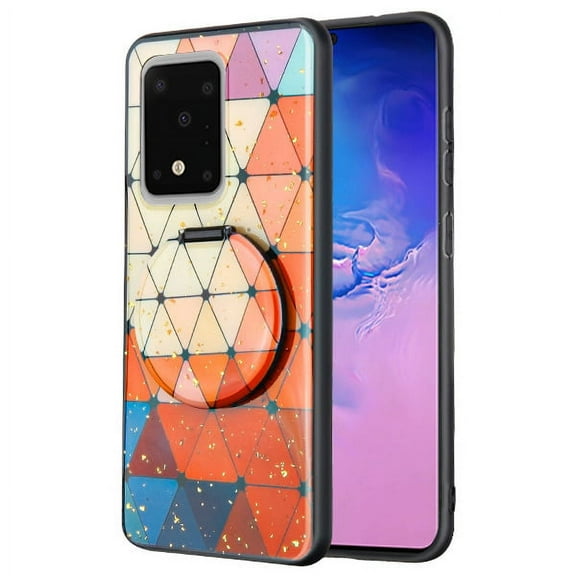 Samsung Galaxy S20 ULTRA (6.9") Phone Case with Mirror & Foldable Stand Slim Shockproof Drop Protection Hybrid Hard Rubber Bumper Protective Cover [Triangle Colorful] for Samsung Galaxy S20 Ultra