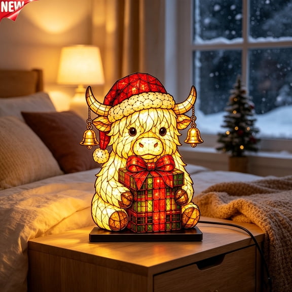 Christmas Highland Cow Night Light 12 in, Stained‑Glass Style Acrylic LED Glowing Table Lamp Ornament, Warm Light Desktop Decor for Bedroom Living Room Holiday Party Indoor Christmas Decorations