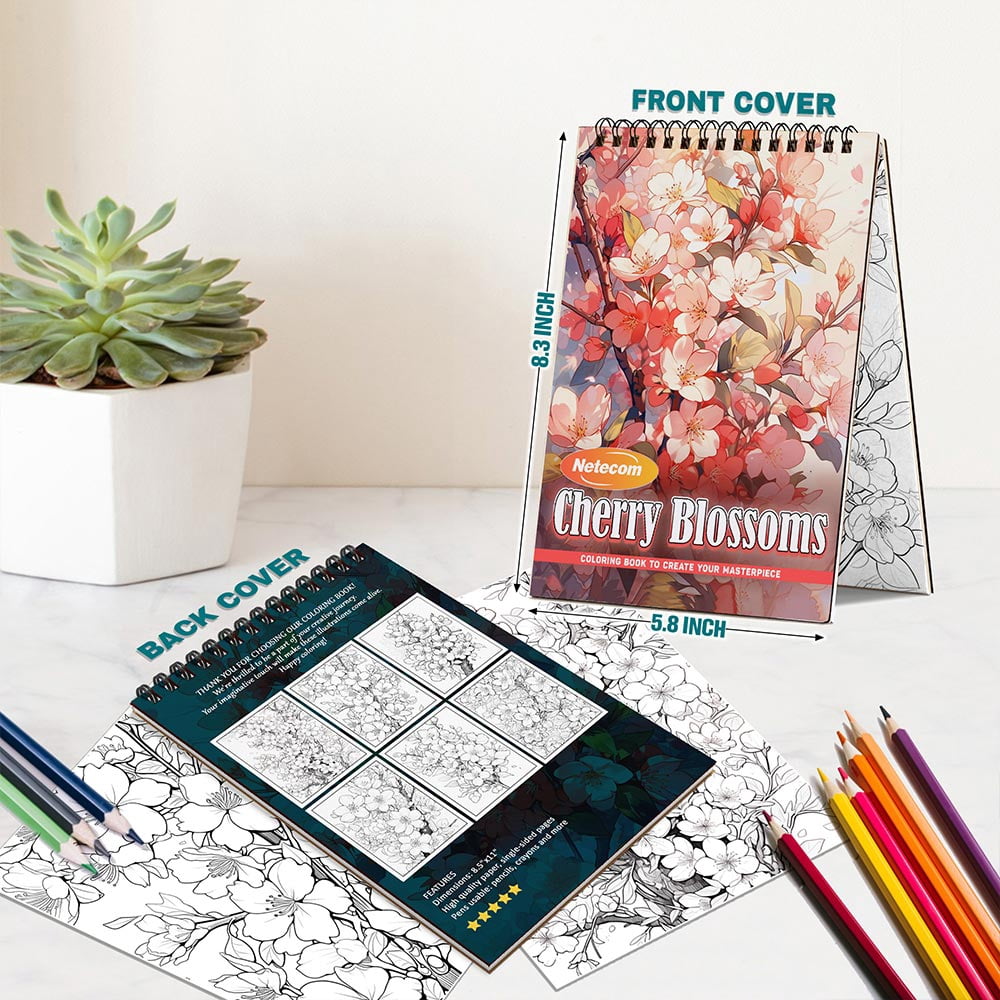 Cherry Blossoms Coloring Book Spiral Bound For Adults, A5 Wooden Cover, 30 Serene Coloring Pages of Blooming Cherry Trees for Stress Relief and Relaxation