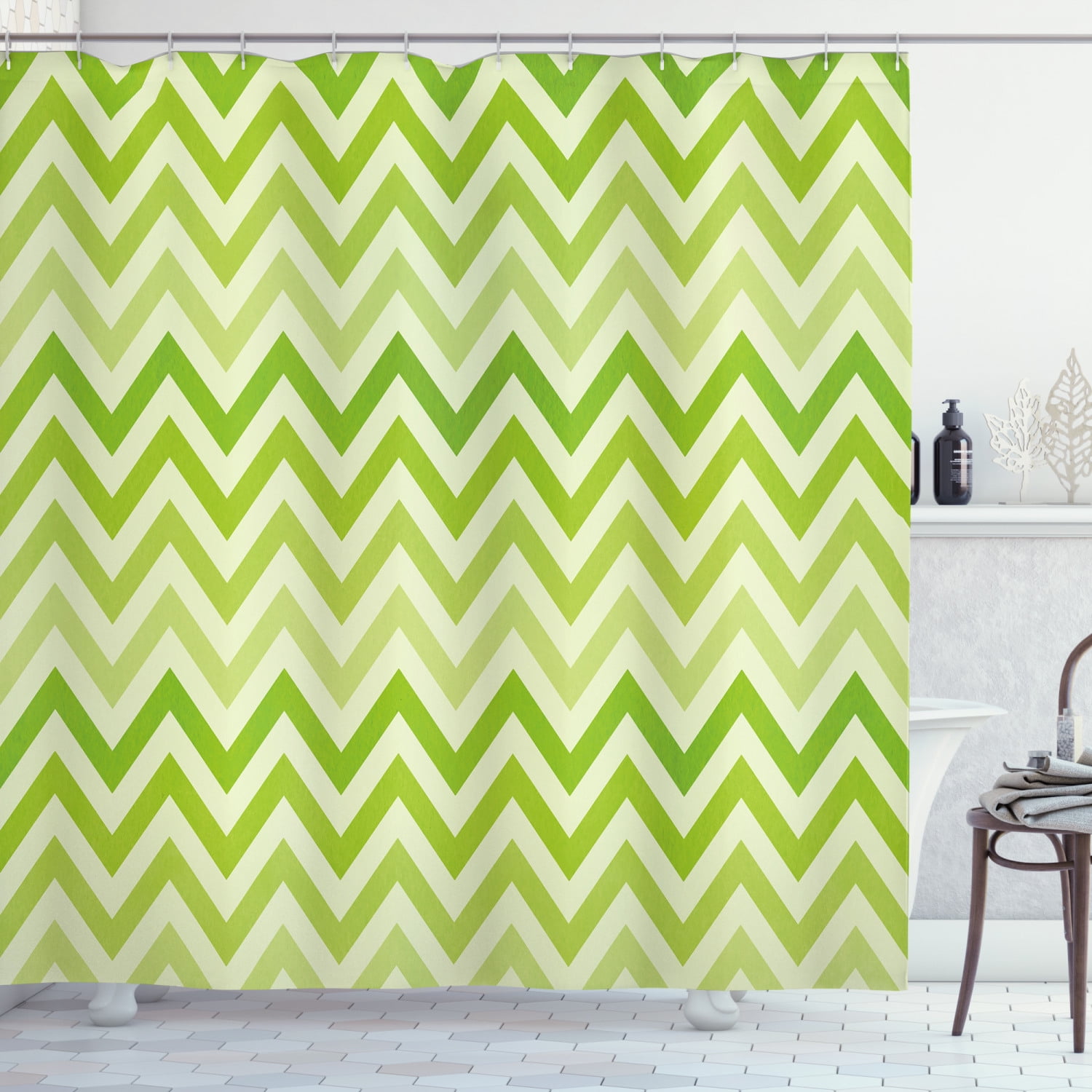 Ambesonne Lime Green Shower Curtain, Traditional Chevron, 69"Wx70"L, Pale Green