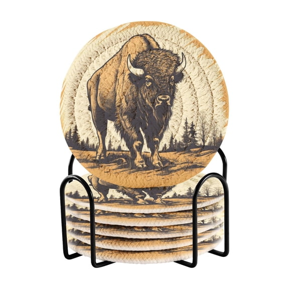 Bull Bison Trees 6 Pcs Drink Coasters with Holder Absorbent Coasters Woven Coasters for Drinks Table Desk Protection Home Decor