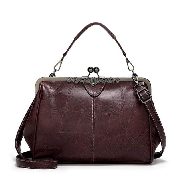 Segater® Bolso de mano de piel sintética con cera de aceite hueca retro para mujer, con cierre de beso, bandolera, bolso de mensajero vintage