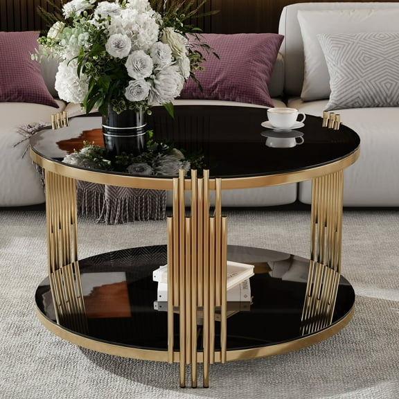 Harper & Bright Designs Round Black Mirror Coffee Table, Gold Center Table with Asymmetrical Metal and Circular Metal Drum Base