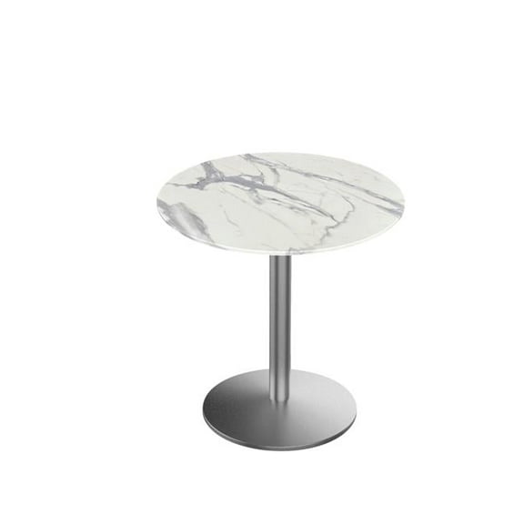 Indoor/Outdoor 30" Tall OD214 Stainless Steel Table Base with 22" Diameter Foot and 36" Diameter Indoor/Outdoor White Marble Top by the Holland Bar Stool Co.