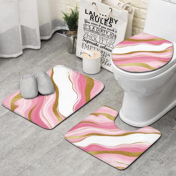 Pink Gold Marble Pattern Bathroom Rugs Sets 3 Piece,Toilet Cover Set,Absorbent Non Slip Bathroom Mats Sets with U-Shaped Contour Rug Toilet Rug Set