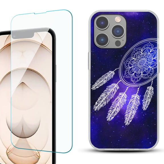 Slim-Fit Gel TPU Phone Case for iPhone 14 Pro, with Tempered Glass Screen Protector, by OneToughShield ® - Dream Catcher