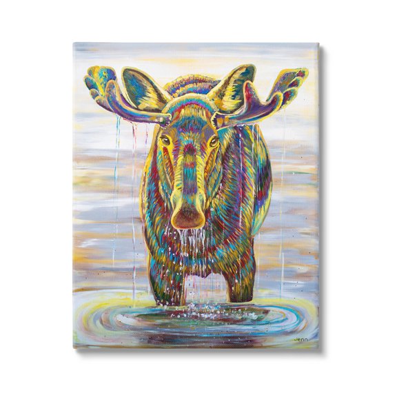 Moose Water Drip Nature Lake Animals & Insects Painting Gallery Wrapped Canvas Print Wall Art