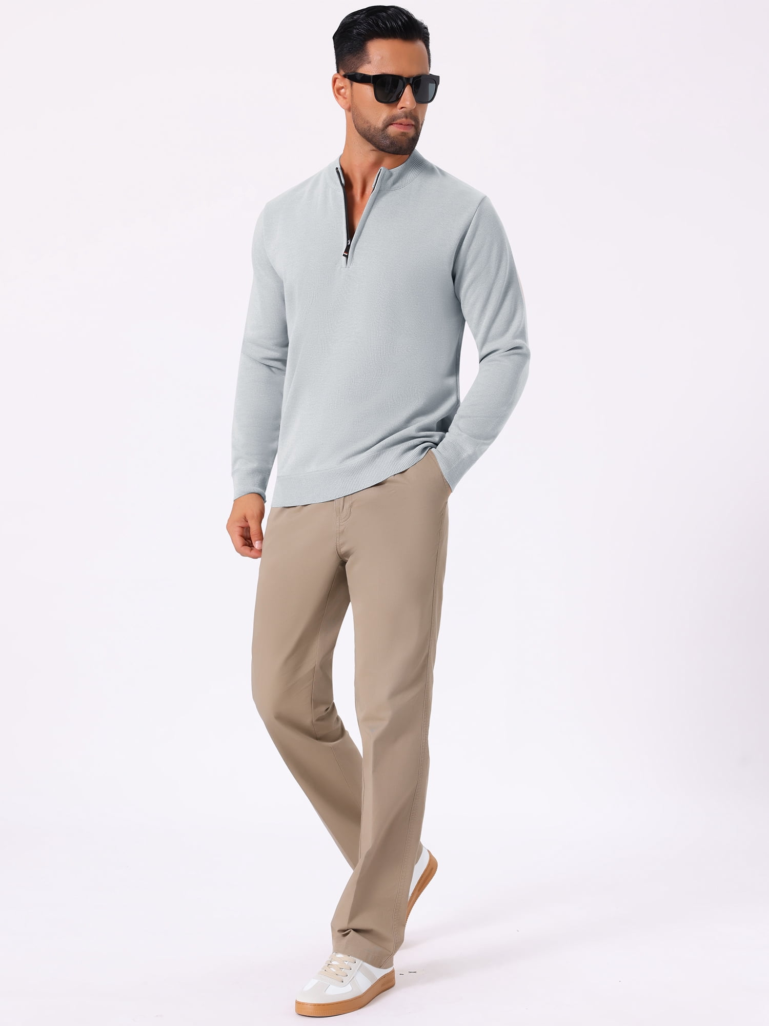 DARING DIVA Men's Mock Neck Pullover Quarter Zip Knitted Polo Sweater XL Light Gray
