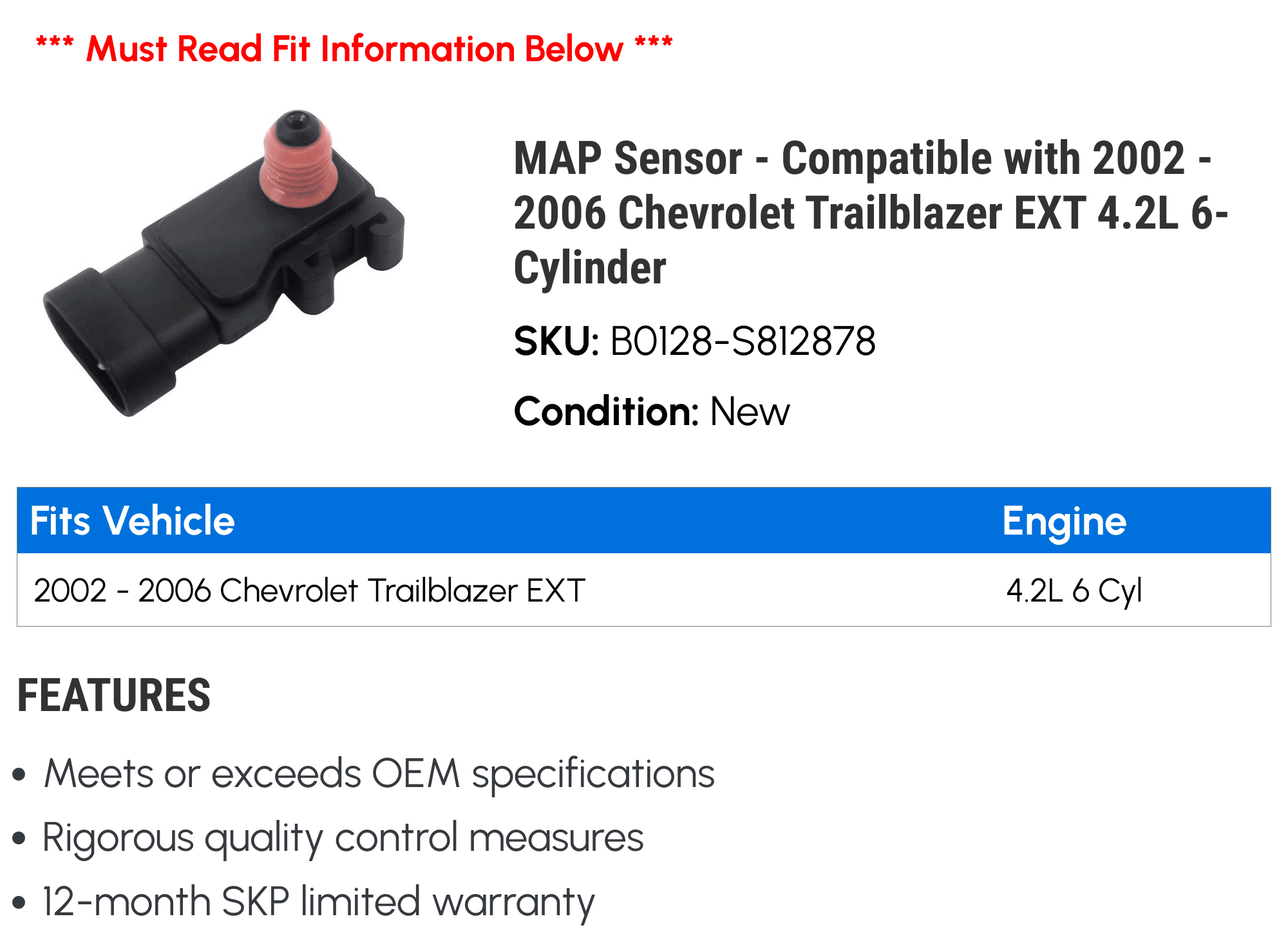 MAP Sensor - Compatible with 2002 - 2006 Chevy Trailblazer EXT 4.2L 6-Cylinder 2003 2004 2005