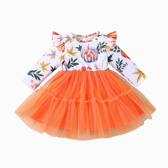 HCNTES Girls Halloween Comfortable and Fashionable Long Sleeve Cute Pumpkin Printed Dress(Orange,2-3 Years)