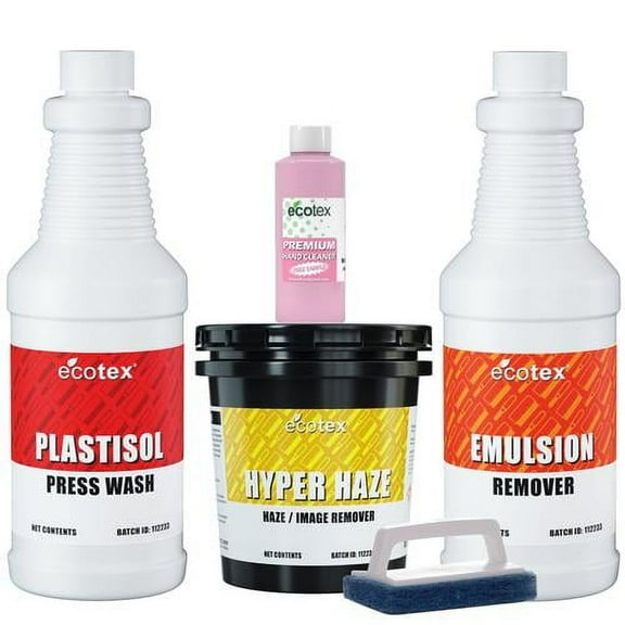 Ecotex All Purpose Screen Printing Chemistry Kit - Emulsion Remover - Press Wash Plastisol Ink Cleaner, Hyper Haze Remover and Degreaser, Premium Hand Cleaner and Scrub Pad - Screen Printing Supplies