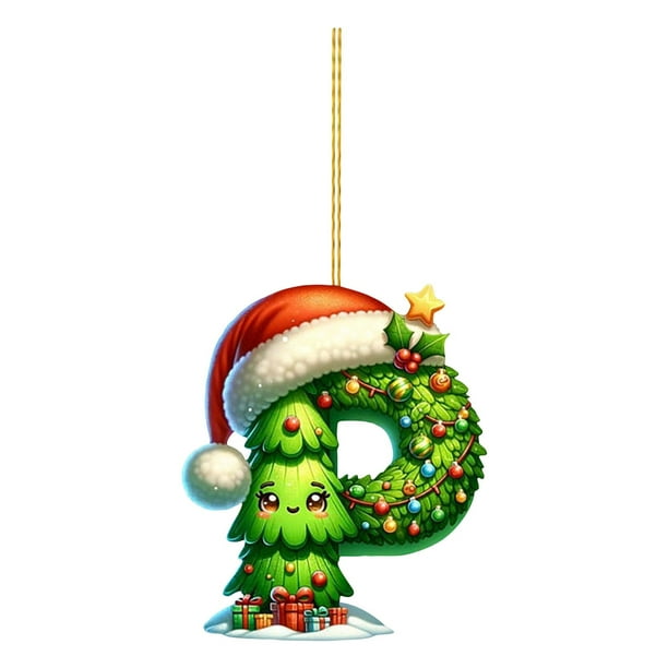 Adorno navideño con letras del alfabeto CLLC, Adornos navideños con letras de la A a la Z, Letras acrílicas verdes 2D con gorro navideño, Letras del alfabeto navideñas colgantes para árbol de Navidad