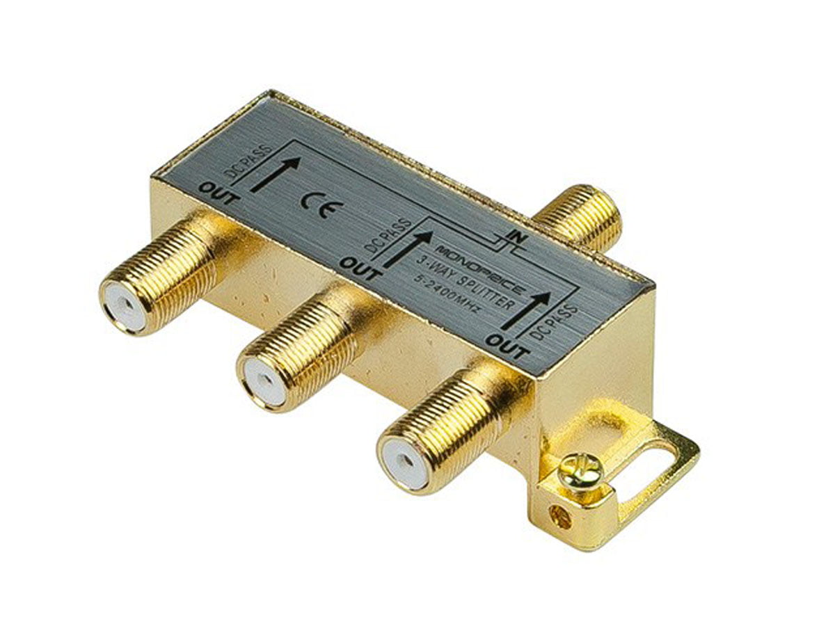 3 WAY RIGHT ANGLE SPLITTER A coaxial splitter giving 3 outputs from a single 