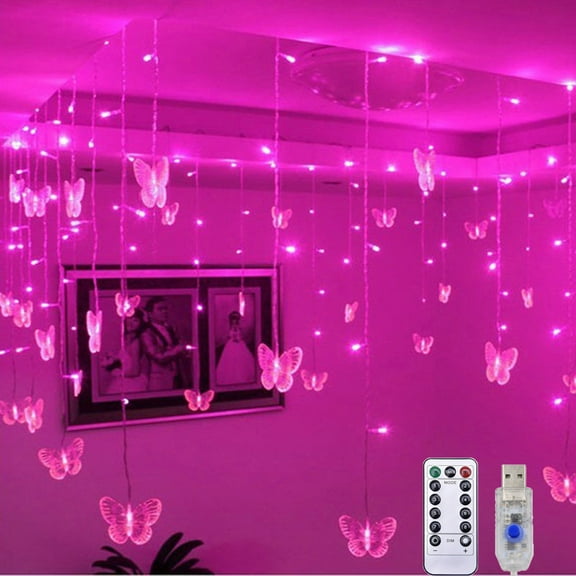 1pcs Butterfly LED Curtain Fairy Light, 21.3ft/255.9inch 8 Modes USB Charger Window Twinkle String Lights With Remote Control, Copper Wire Lights For Room Bedroom Christmas Wedding Party  Decoration