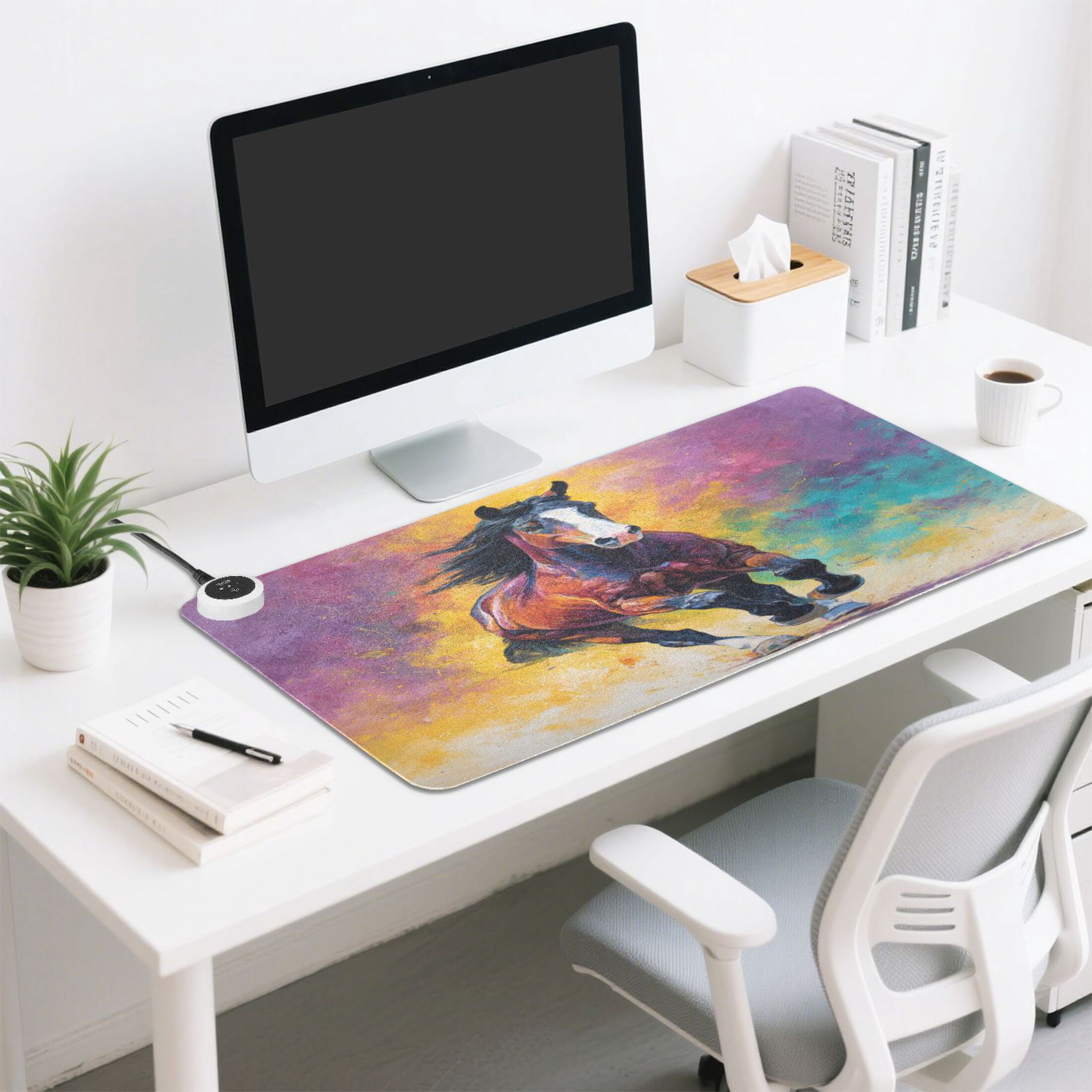 Large Heated Desk Mat Mouse Pad 31.5"x13"PU Leather Graphene Heating Desk Warmer with 3 Temperature Settings 110V US Plug Non-Slip Warm Pad for Home, Office, and Gaming Dynamic Equestrian Art Design