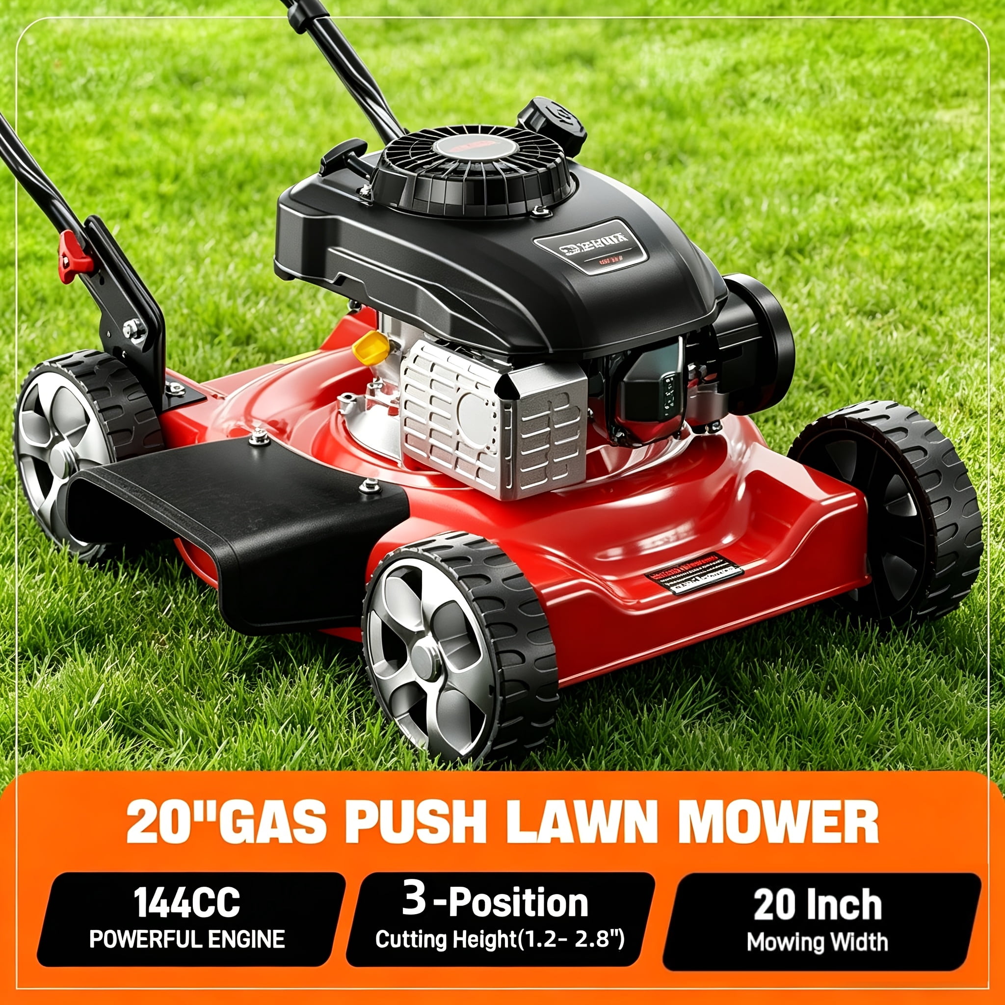 EAYSG 20-Inch 144cc 4-Cycle Gas Walk-Behind Push Lawn Mower, 2-in-1 Mulching & Side Discharge, 3-Position Height Adjustment, Lightweight Steel Deck, Black