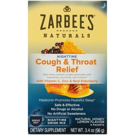 Zarbee's Naturals Cough & Throat Relief Nighttime Drink Mix with Vitamin C, Zinc, & Real Elderberry, Natural Honey Lemon Flavor , 6 Packets