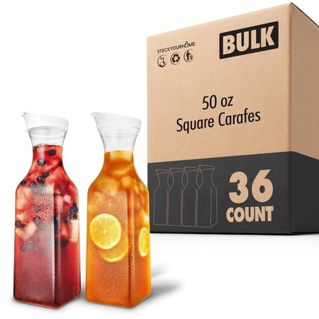 Plastic Juice Carafes with Lids 50 oz (36 Pack), Clear Pitchers for Drinks, Water, Milk, Beverage Containers for Fridge or Pantry, Square
