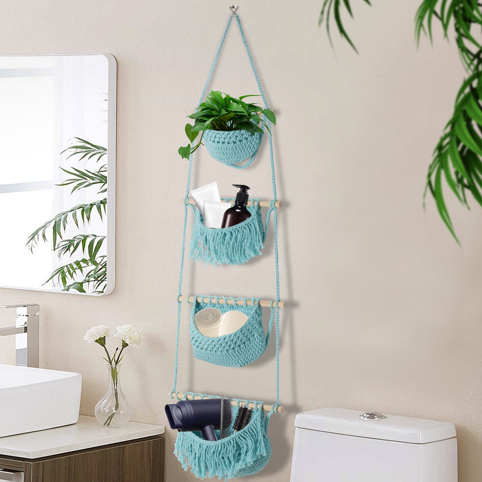 4 Tier Hanging Fruit Basket, Aqua Boho Handwoven Cotton Rope Macrame Fruit Storage for Kitchen Bathroom Bedroom, Detachable Wall Hanging Basket Over Door Organizer for Fruit Veggie Plant Decor