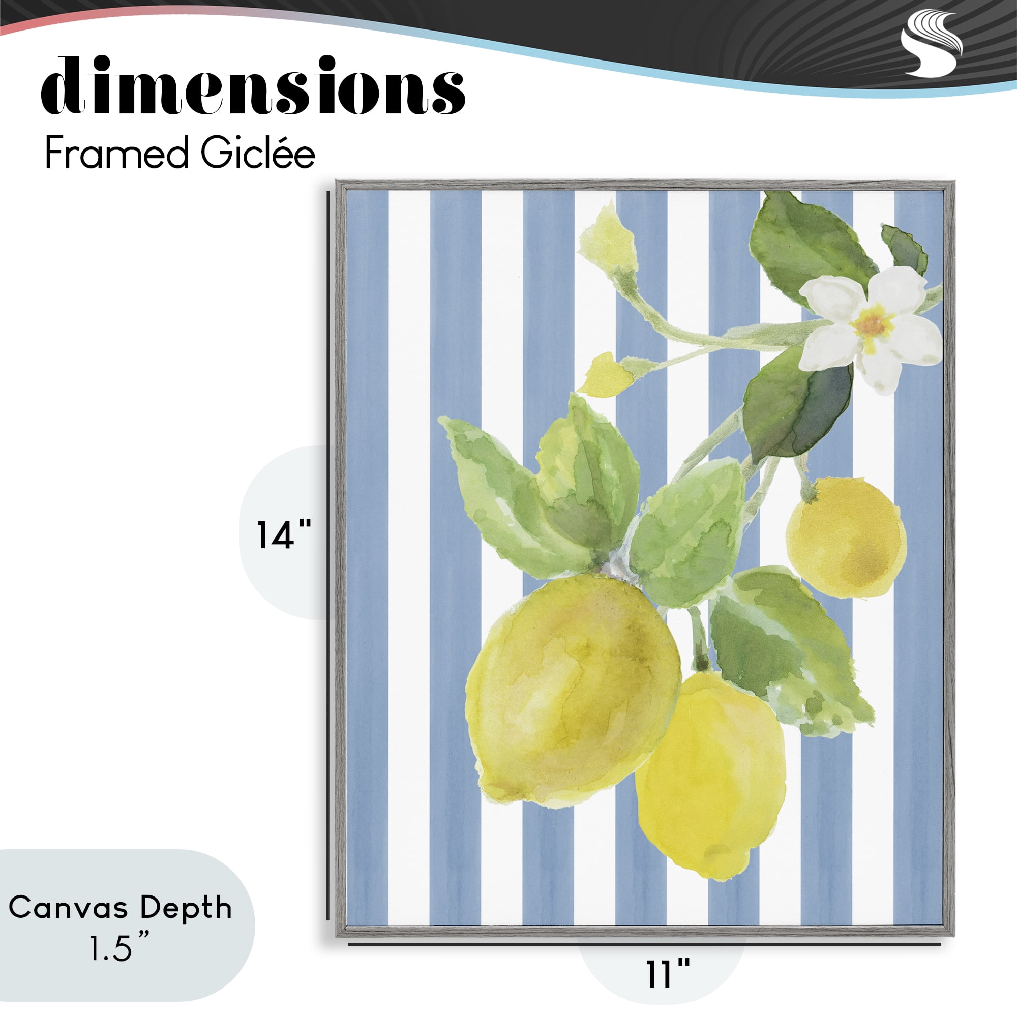 Stupell Industries Lemon Blossom on Blue Stripes Gray Framed Giclee Art, design by Lanie Loreth