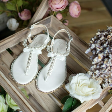 SheSole White T-Strap Buckle Flat Sandals for Women Pearls Beach Wedding