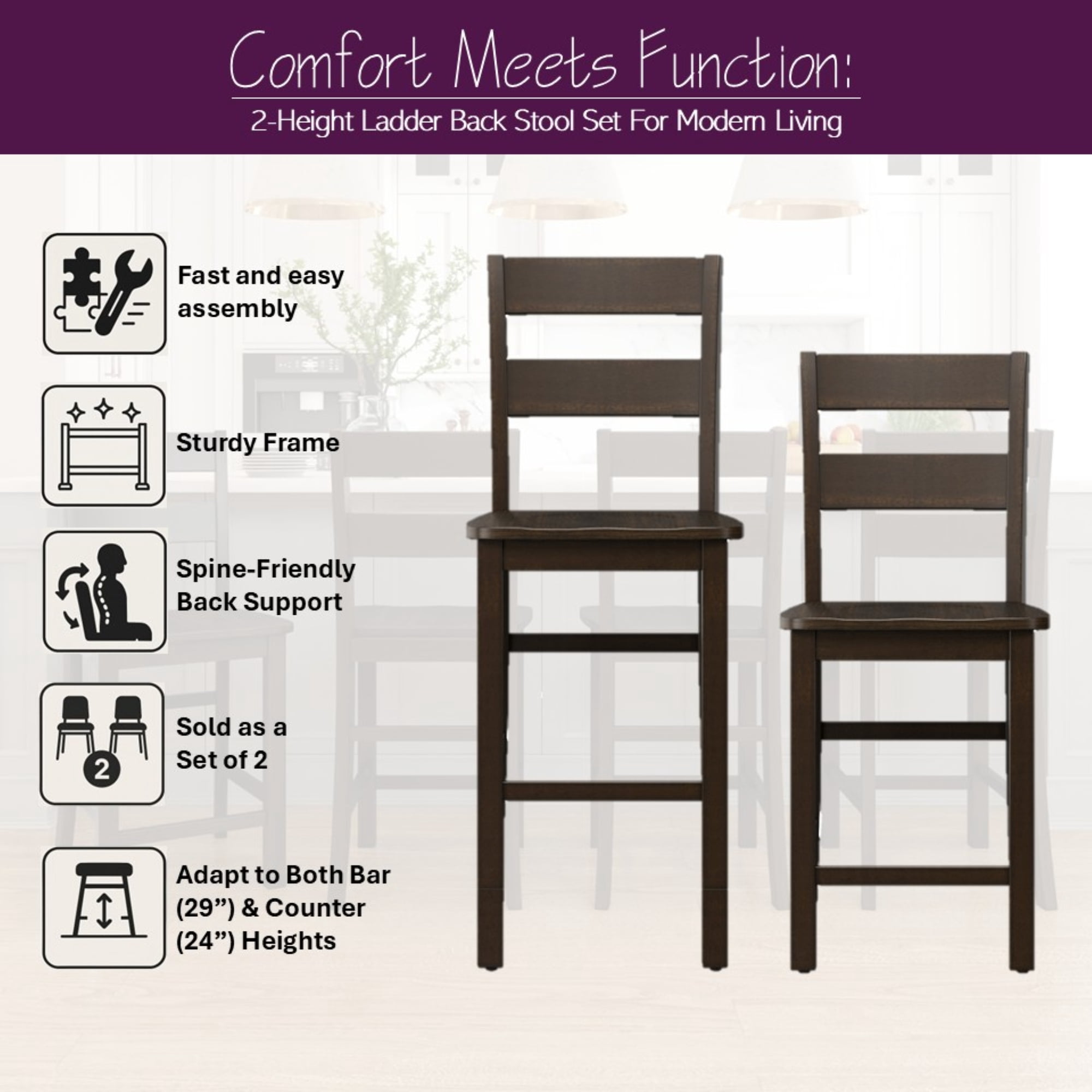 Mainstays Eastwood Full Back Adjustable Height Barstool with Leg Extensions, 2 Pack, Brown