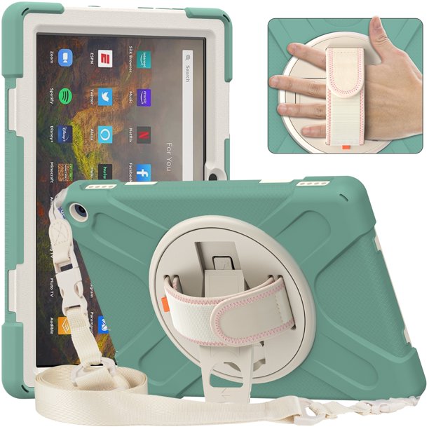 Case de tableta para Kindle Fire HD 10/ HD 10 Plus 2021 con correa y soporte de mano giratoria, correa para el hombro, soporte de lápiz Ikkle Kindle Fire HD 10 2021/HD 10 plus 2021