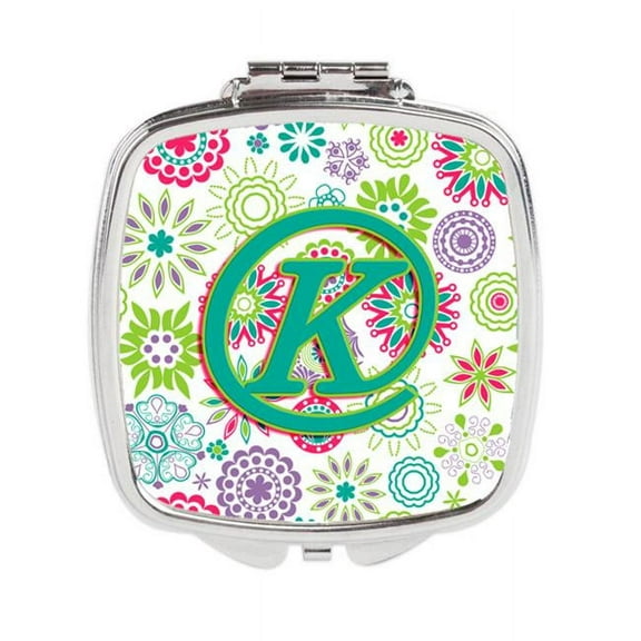 Letter K Flowers Pink Teal Green Initial Compact Mirror