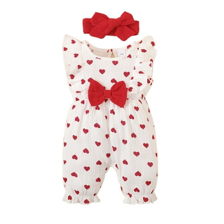 

PBaeM Infant Baby Cute Sleeveless One-Piece Boilersuit Girls Heart Print Bow Romper Jumpsuits