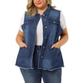 thumbnail image 2 of Women's Plus Size Jean Vest Button Down Turndown Collar Frayed Hem with Cargo Pocket Trucker Denim Vest Dark Blue 3X, 2 of 7