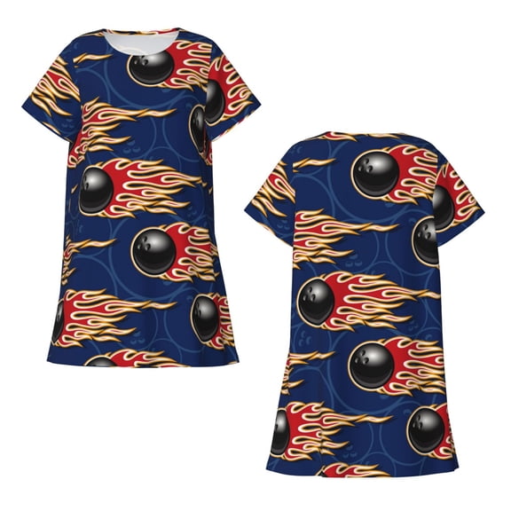 Horeoi Bowling Ball And Flame Print Women's Short-sleeved Nightdress Breathable Cotton-like Material Loose A-line Knee-length