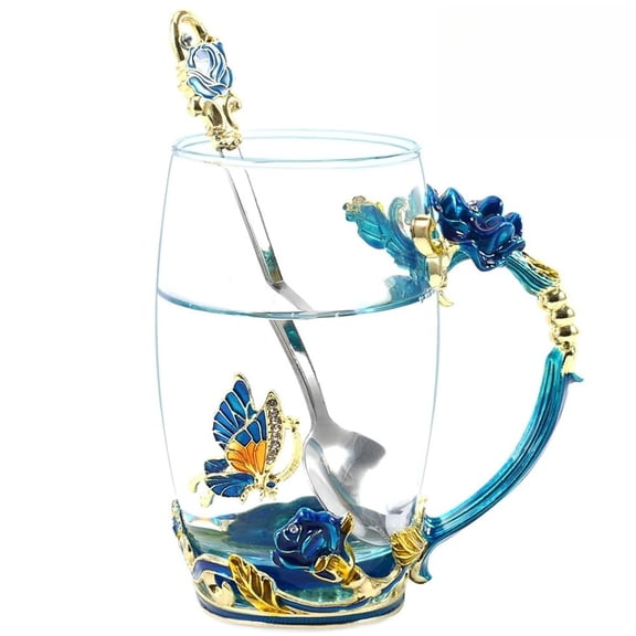 Gifts For Women,Butterfly Flower Glass Tea Cup Sky Blue Rose Coffee Mug Gift For Women Mom Wife Sister Coworker Female Friend on Christmas Anniversary Mothers Valentines Day Presents